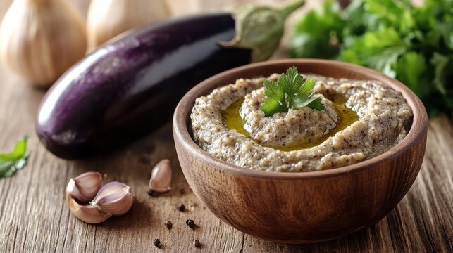 Vegan baba ghanoush, a levantine appetizer of mashed cooked eggplant mixed with tahini, olive oil, and various seasonings