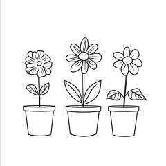 coloring page monochrome line drawing simple 3 flowers in 3 flower pots minimalist cute animation flat abstraction on white flat lay