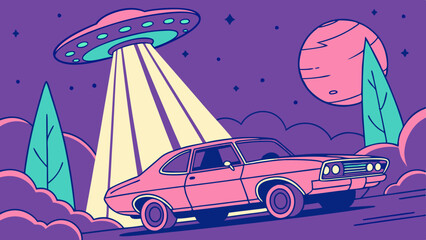 Pink Car and UFO on a Nightly Cosmic Adventure © Vektor Stokart