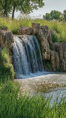 Obraz premium Small Waterfall in a grassy park. Possible stock photo use
