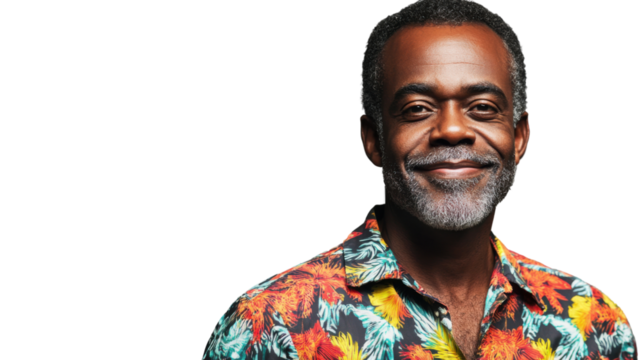 Smiling senior man wearing colorful shirt on transparent background - Powered by Adobe