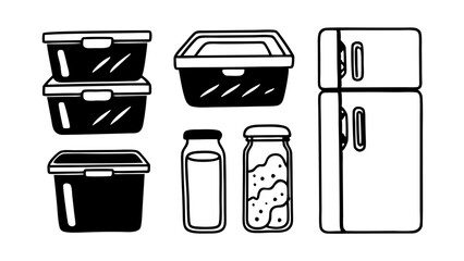 Simple black and white illustration of kitchen storage containers and appliances