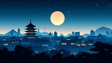 Obraz premium Pixelated Asian Cityscape At Night With Full Moon