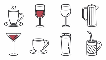 Simple Line Art Illustration of Various Beverage Vessels