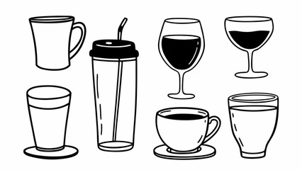 Cute Outline Illustration of Various Drinkware