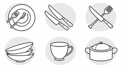 Simple Line Art Icons of Kitchen Utensils and Dishes