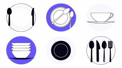 Simple Flat Icons of Various Tableware Items