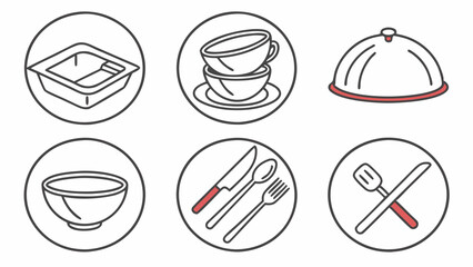 Simple Line Art Icons of Essential Kitchen Utensils and Dishes