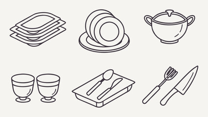 Simple Line Art Illustration of Various Kitchen Utensils and Dishes