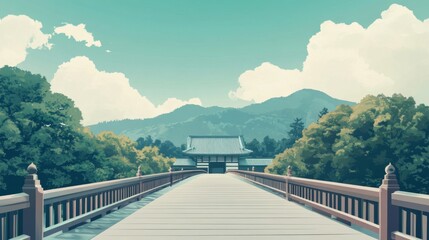 Fototapeta premium Pixelated Japanese Temple Bridge Landscape