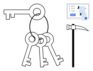 Payment processing screen, document with checkmark, keyring with three keys, pickaxe. Ideal for finance, security, online transactions, password management, authentication encryption digital