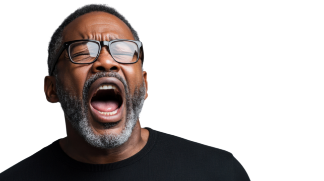 Senior man shouting with transparent background: frustration and anger
