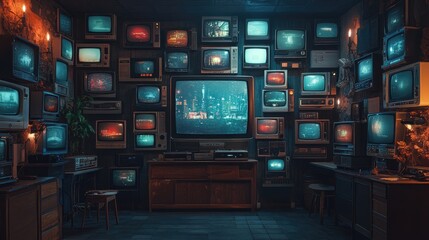 A room filled with vintage televisions, creating a nostalgic and immersive ambiance.