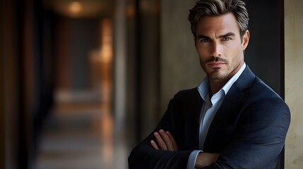 Fototapeta premium Handsome Man in Suit Posing Confidently Indoors