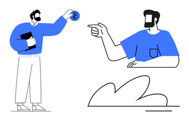 Two men with beards one hands over a coin with a dollar sign to another who points. Ideal for finance, business collaboration, transactions, agreements, teamwork, investment, decision-making