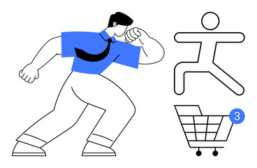 Obraz premium Confident man in blue shirt striking a pose with a fist next to abstract human figure and shopping cart with a number three. Ideal for business strength, ecommerce, shopping, leadership, motivation
