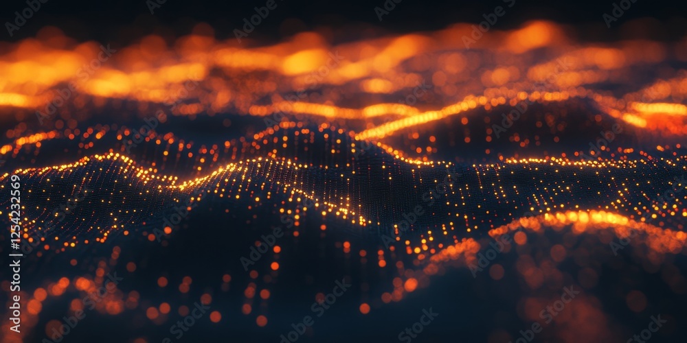 Poster glowing particle landscape, digital wave, abstract background, fire effect, tech design