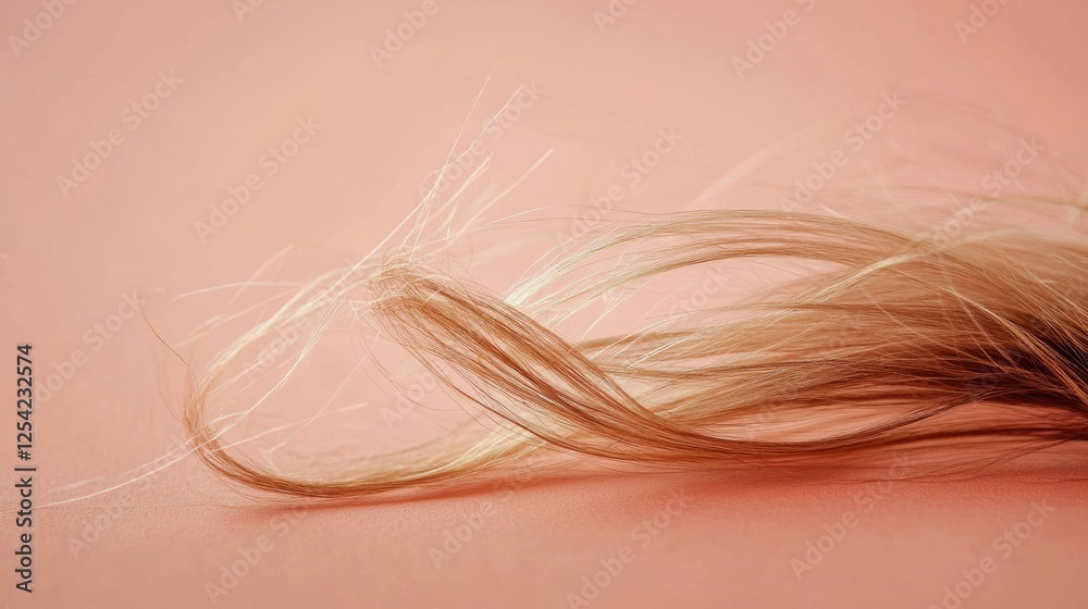Poster close up of a broken strand of hair on a soft pink background revealing its delicate texture and col