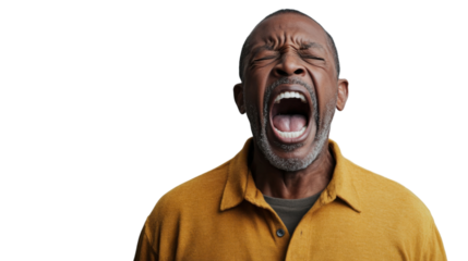 Frustrated senior man shouting with transparent background
