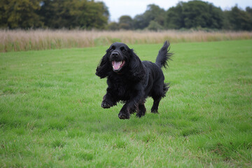 Cocker dog runs happily in the field, enjoying nature and grass in an outdoor setting.
