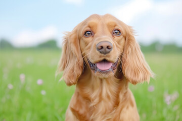 Cocker CockerSpaniel Spaniel dog puppy brown happy field grass pet animal portrait
