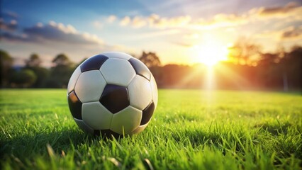 Fototapeta premium A traditional soccer ball is placed on a lush green grass field with a few scattered blades of grass around it, casting a warm and inviting atmosphere , athletic equipment, football