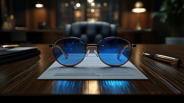 Business document, sunglasses, office desk, illuminated, professional, modern, formal setting