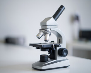 Close up of modern laboratory optical microscope on white table in science research lab