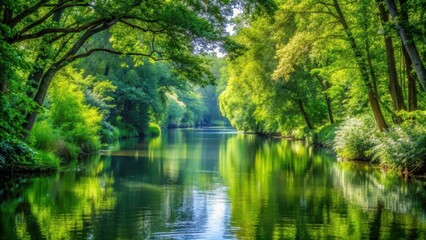 Fototapeta premium Serene waterway surrounded by dense foliage, peaceful, greenery, peaceful, greenery, trees