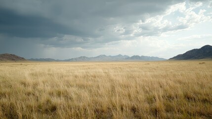 Stormy steppe landscape, vast grassland, mountains background, travel photography