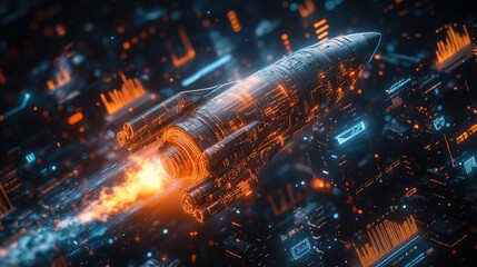 Obraz premium Futuristic rocket soaring through a digital landscape with glowing data visuals.