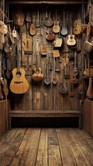 Naklejka premium Wooden wall with string instruments