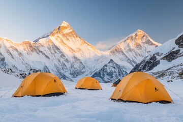 Sunrise Himalayan campsite, snow mountains