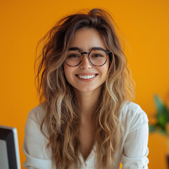 Obraz premium beautiful Young Woman Working on Computer in a Modern Bright Office. Confident Human Resources Agent Smiling Happily While Collaborating Online with Colleagues wearing glasses on orange background