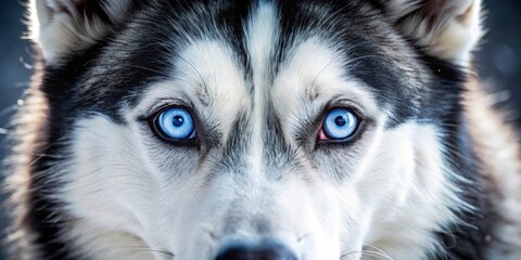 Obraz premium Detailed close-up shot of Siberian husky's eyes in a bright blue hue with subtle eyelashes and a soft focus effect, animal eyes, dog breeds
