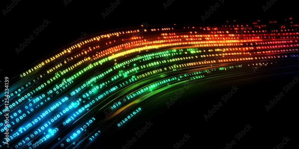 Poster rainbow data stream flowing, dark background, digital tech