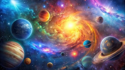 Cosmic explosion of colorful planets against a vibrant galaxy backdrop