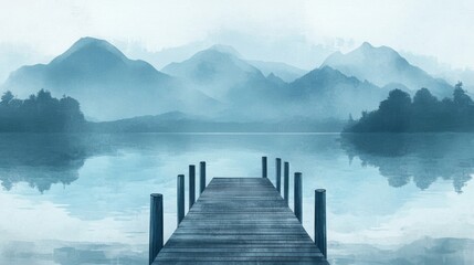 Fototapeta premium Misty Lake Pier And Mountains