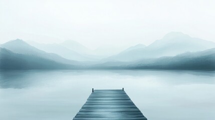 Obraz premium Wooden Pier On Misty Lake With Mountain Background