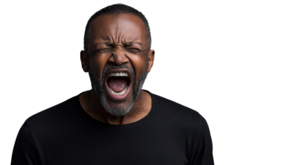 Screaming man expressing anger with transparent background