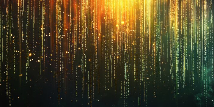 Golden green digital rain falling dark background, website banner