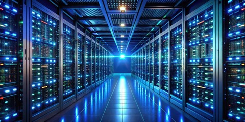 Futuristic server room with rows of glowing LED lights on server racks displaying data streams and circuit boards in a darkened environment, innovation, technology
