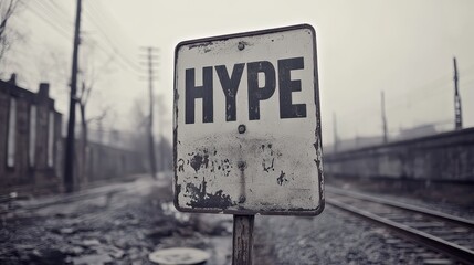 Aged Metal Sign with Bold Text Stands in Desolate Urban Railroad Setting on an Overcast Day Surrounded by Weathered Structures and Power Lines