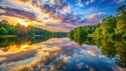 Obraz premium Beautiful serene lake reflection in Cuyahoga Valley National Park Ohio sunset over water, peaceful waters, nature scenery