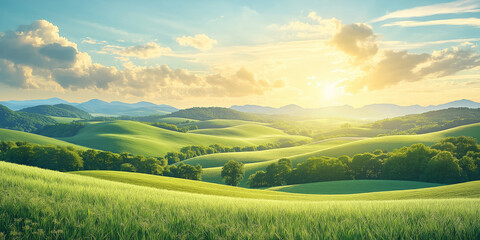 Obraz premium Breathtaking sunrise over rolling green hills nature scene landscape photography tranquil environment panoramic view serenity concept