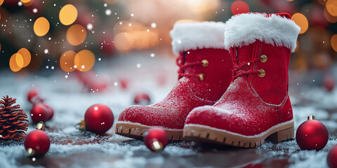 Festive red boots amidst holiday decor in cozy winter setting captured in vibrant detail