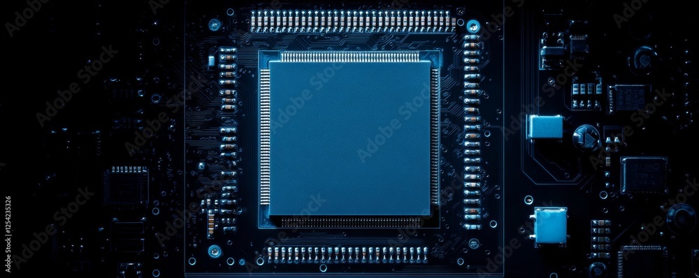 Poster Blue processor chip on circuit board, technology background