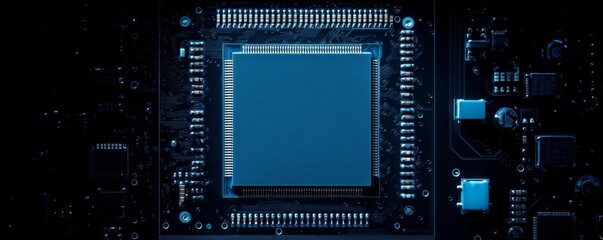 Fototapeta premium Blue processor chip on circuit board, technology background