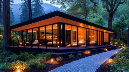 Obraz premium Tranquil Forest Spa Retreat with Elegant Modern Design and Warm Lighting Ambiance