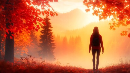 Fototapeta premium Serene Autumn Walk with Vibrant Foliage and Misty Mountain Backdrop at Sunset